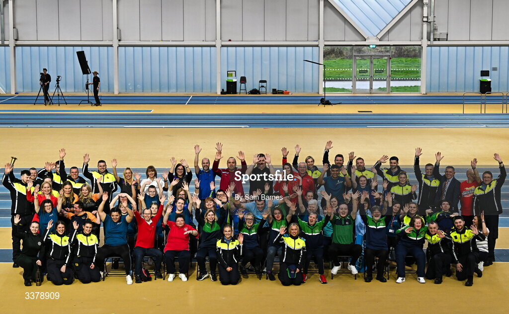 5 March 2026; Special Olympic athletes pictured with dignitaries, members of An Garda Síochána and PSNI during the Special Olympics Ireland Summer Games launch at the National Indoor Arena on the Sport Ireland Campus in Dublin. Photo by Sam Barnes/Sportsfile