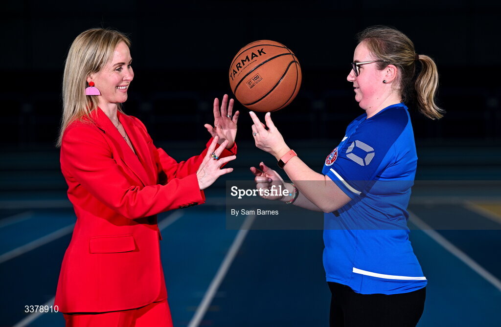 5 March 2026; Special Olympics Ireland Chief Exectutive Karen Coventry and Special Olympics Athlete Emma Johnstone from Dublin during the Special Olympics Ireland Summer Games launch at the National Indoor Arena on the Sport Ireland Campus in Dublin. Photo by Sam Barnes/Sportsfile