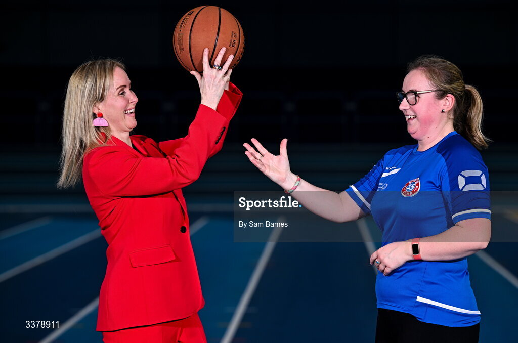 5 March 2026; Special Olympics Ireland Chief Exectutive Karen Coventry and Special Olympics Athlete Emma Johnstone from Dublin during the Special Olympics Ireland Summer Games launch at the National Indoor Arena on the Sport Ireland Campus in Dublin. Photo by Sam Barnes/Sportsfile