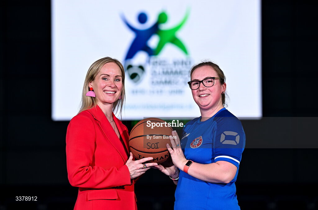 5 March 2026; Special Olympics Ireland Chief Exectutive Karen Coventry and Special Olympics Athlete Emma Johnstone from Dublin during the Special Olympics Ireland Summer Games launch at the National Indoor Arena on the Sport Ireland Campus in Dublin. Photo by Sam Barnes/Sportsfile