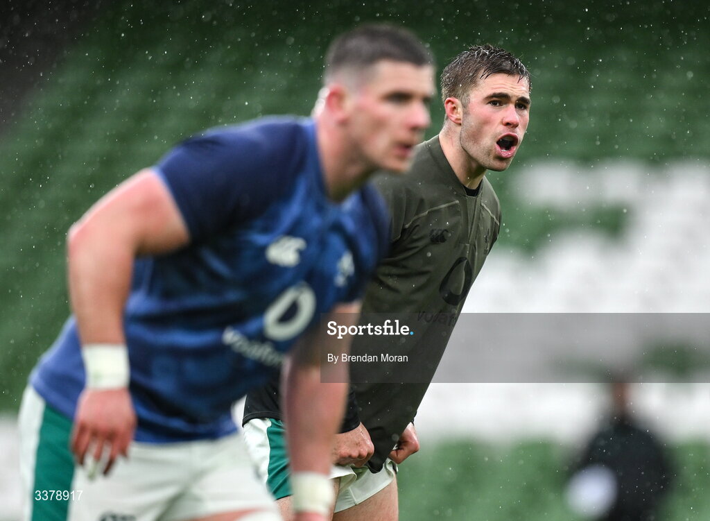 5 March 2026; Jack Crowley, right, during an Ireland Rugby squad captain's run at the Aviva Stadium in Dublin. Photo by Brendan Moran/Sportsfile