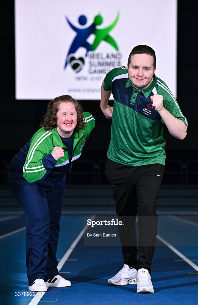 5 March 2026; Special Olympics athletes Bridget Walsh from Mayo and Jayden O’Reilly from Athlone pictured during the Special Olympics Ireland Summer Games launch at the National Indoor Arena on the Sport Ireland Campus in Dublin. Photo by Sam Barnes/Sportsfile