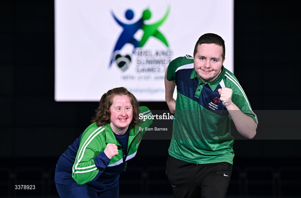 5 March 2026; Special Olympics athletes Bridget Walsh from Mayo and Jayden O’Reilly from Athlone pictured during the Special Olympics Ireland Summer Games launch at the National Indoor Arena on the Sport Ireland Campus in Dublin. Photo by Sam Barnes/Sportsfile