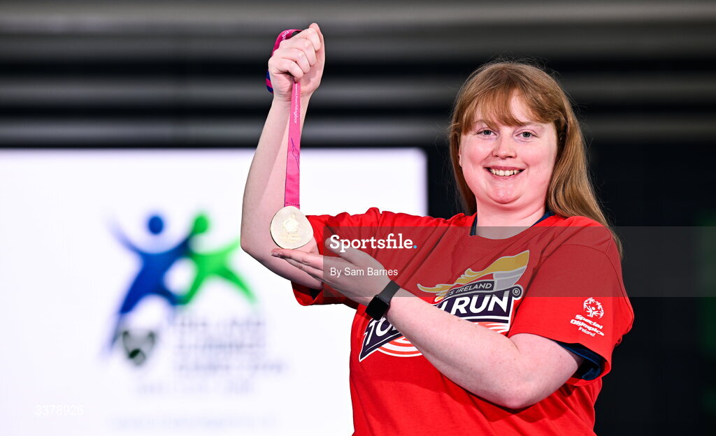5 March 2026; Special Olympics athlete Anita Forde pictured with her gold medal during the Special Olympics Ireland Summer Games launch at the National Indoor Arena on the Sport Ireland Campus in Dublin. Photo by Sam Barnes/Sportsfile