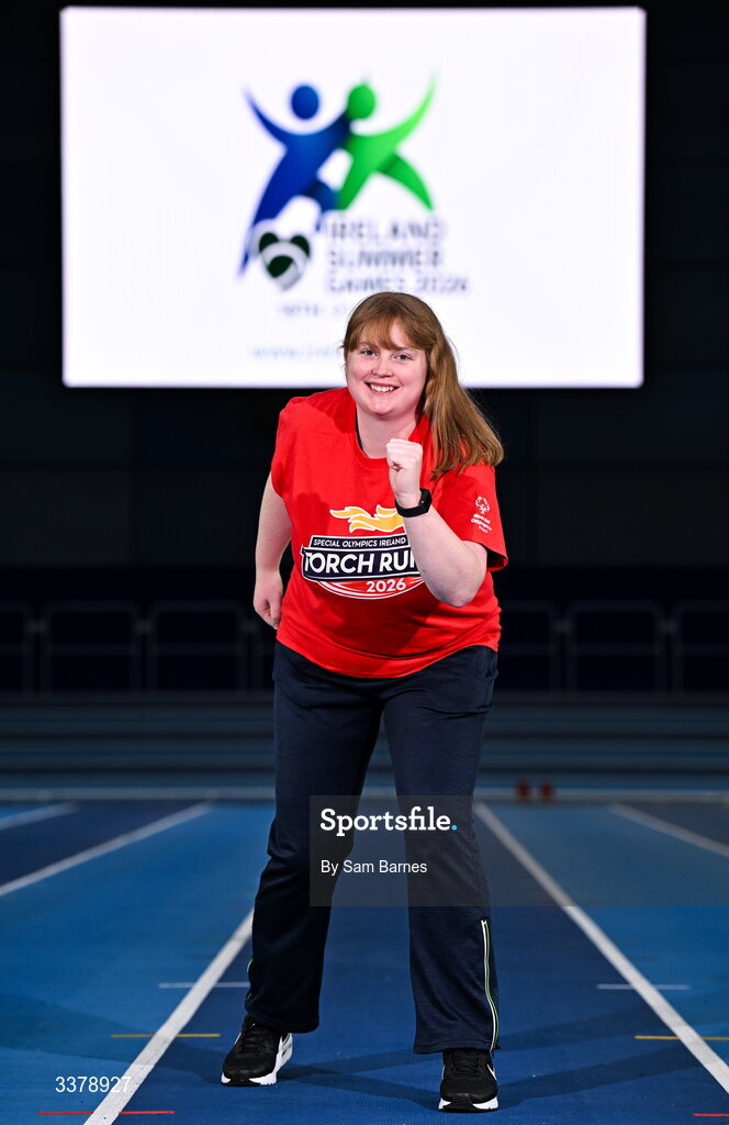 5 March 2026; Special Olympics Athlete Anita Forde from Kildare pictured during the Special Olympics Ireland Summer Games launch at the National Indoor Arena on the Sport Ireland Campus in Dublin. Photo by Sam Barnes/Sportsfile