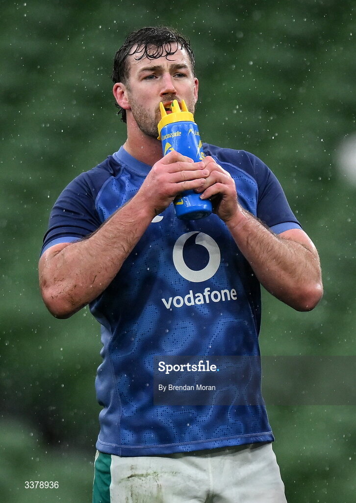 5 March 2026; Caelan Doris takes a drink during an Ireland Rugby squad captain's run at the Aviva Stadium in Dublin. Photo by Brendan Moran/Sportsfile