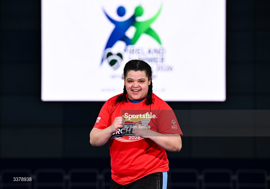 5 March 2026; Special Olympics athlete Moira Scott from Offaly pictured during the Special Olympics Ireland Summer Games launch at the National Indoor Arena on the Sport Ireland Campus in Dublin. Photo by Sam Barnes/Sportsfile