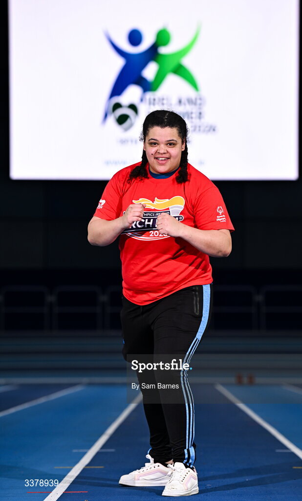5 March 2026; Special Olympics Athlete Moira Scott from Offaly pictured during the Special Olympics Ireland Summer Games launch at the National Indoor Arena on the Sport Ireland Campus in Dublin. Photo by Sam Barnes/Sportsfile