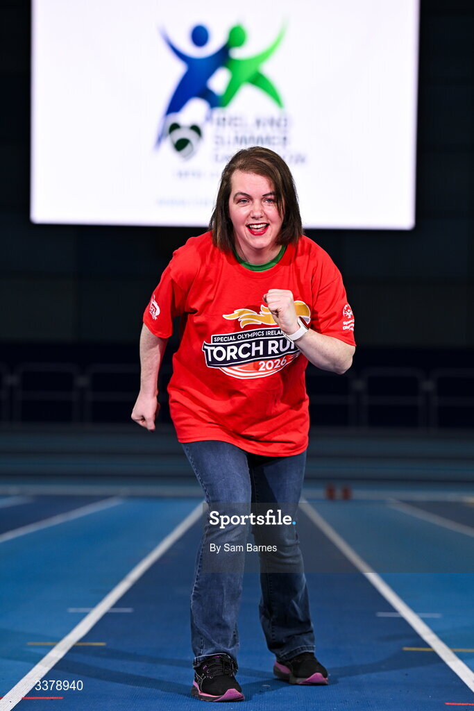 5 March 2026; Special Olympics Athlete Aoife Hegarty from Roscommon pictured during the Special Olympics Ireland Summer Games launch at the National Indoor Arena on the Sport Ireland Campus in Dublin. Photo by Sam Barnes/Sportsfile