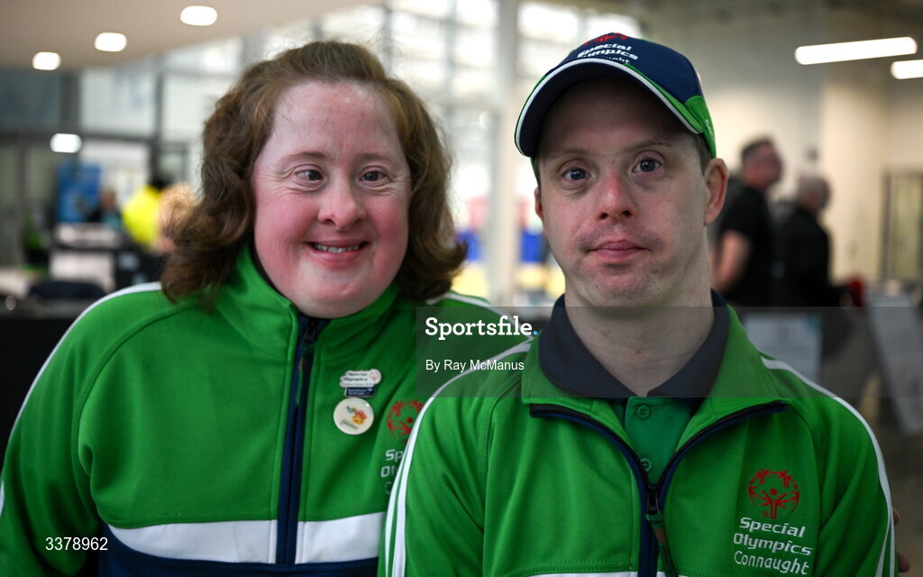5 March 2026; Special Olympics athletes, Bríd Walsh, Castlebar,  Mayo, and David Corroon from Shooting Stars, Mullingar, Westmeath, before the Special Olympics Ireland Summer Games launch at the National Indoor Arena on the Sport Ireland Campus in Dublin. Photo by Ray McManus/Sportsfile