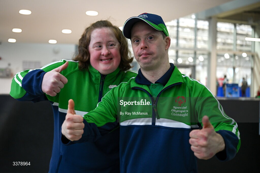 5 March 2026; Special Olympics athletes, Bríd Walsh, Castlebar, Mayo, and David Corroon from Shooting Stars, Mullingar, Westmeath, before the Special Olympics Ireland Summer Games launch at the National Indoor Arena on the Sport Ireland Campus in Dublin. Photo by Ray McManus/Sportsfile