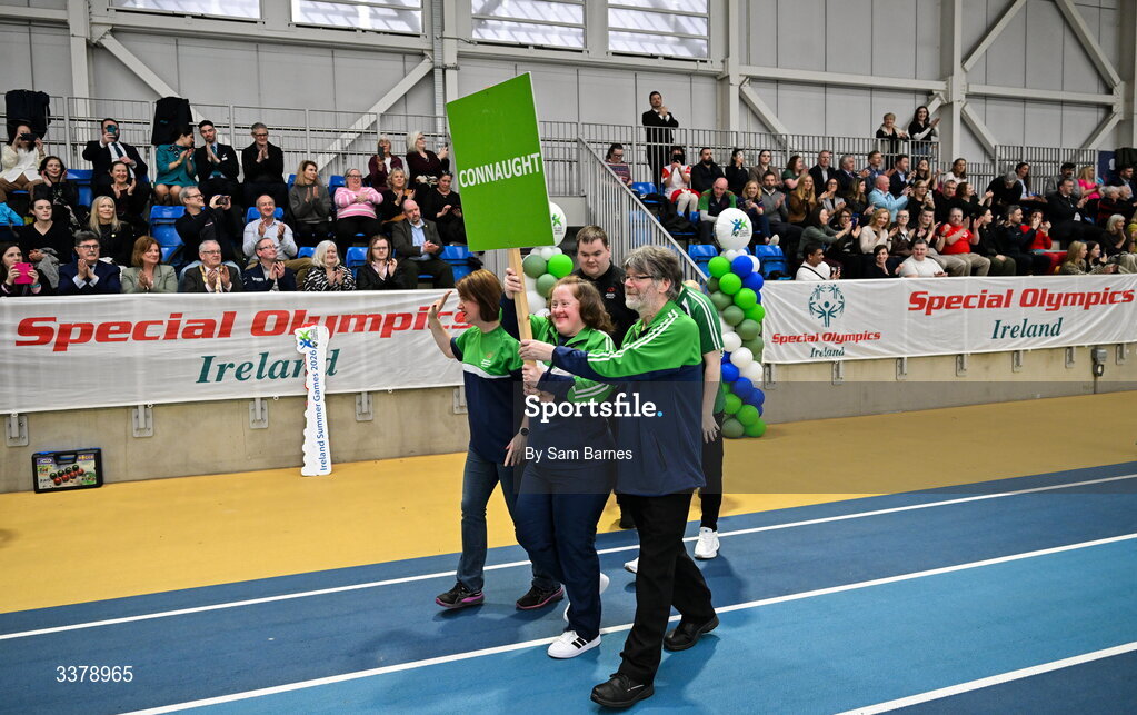 5 March 2026; Special Olympics Athletes from Connaught participate in the parade during the Special Olympics Ireland Summer Games launch at the National Indoor Arena on the Sport Ireland Campus in Dublin. Photo by Sam Barnes/Sportsfile