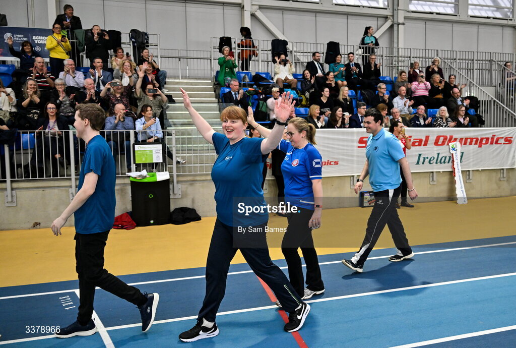 5 March 2026; Special Olympics Athletes from Easter Region, including Anite Forde from Kildare, centre, participate in the parade during the Special Olympics Ireland Summer Games launch at the National Indoor Arena on the Sport Ireland Campus in Dublin. Photo by Sam Barnes/Sportsfile
