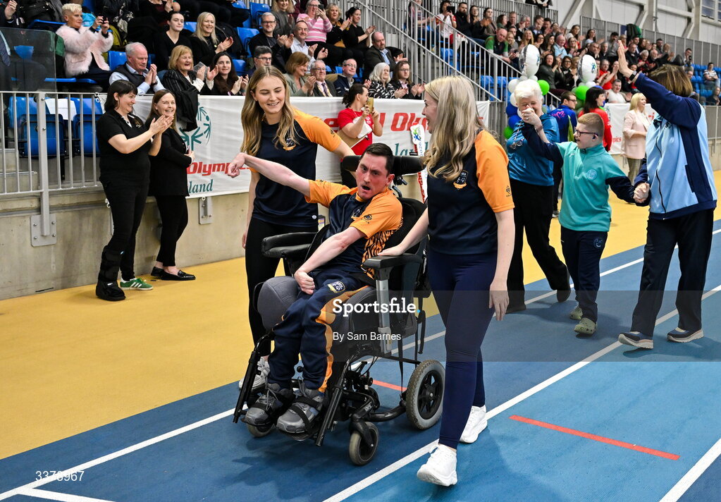 5 March 2026; Special olympics athlete Francis Donnolly, from Dublin, centre, participates in the parade during the Special Olympics Ireland Summer Games launch at the National Indoor Arena on the Sport Ireland Campus in Dublin. Photo by Sam Barnes/Sportsfile