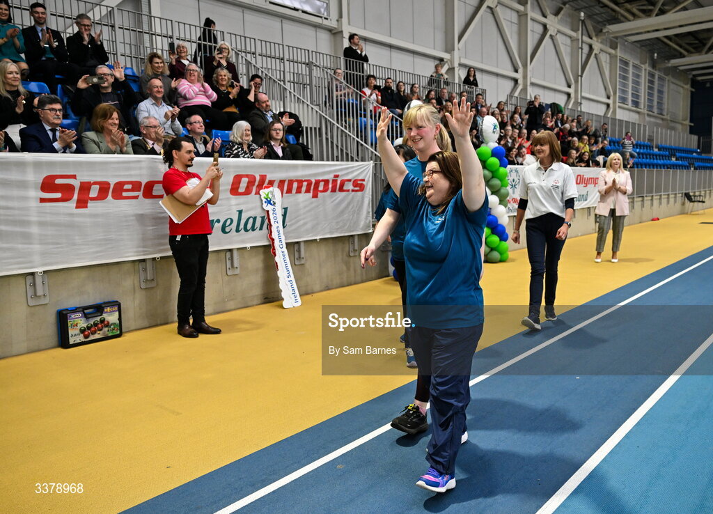 5 March 2026; Special olympics athletes from Leinster participate in the parade during the Special Olympics Ireland Summer Games launch at the National Indoor Arena on the Sport Ireland Campus in Dublin. Photo by Sam Barnes/Sportsfile