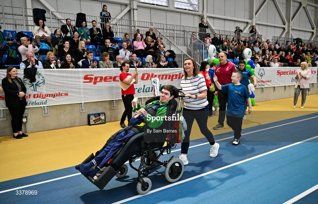 5 March 2026; Special olympics athletes from Leinster participate in the parade during the Special Olympics Ireland Summer Games launch at the National Indoor Arena on the Sport Ireland Campus in Dublin. Photo by Sam Barnes/Sportsfile