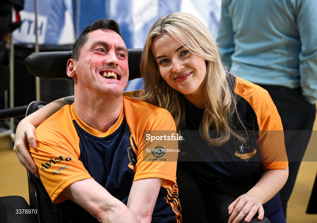 5 March 2026; Special Olympics athletes Francis Donnelly, Avista St Vincent's Centre, Dublin, with his chaperone Lauren Hall before the Special Olympics Ireland Summer Games launch at the National Indoor Arena on the Sport Ireland Campus in Dublin. Photo by Ray McManus/Sportsfile