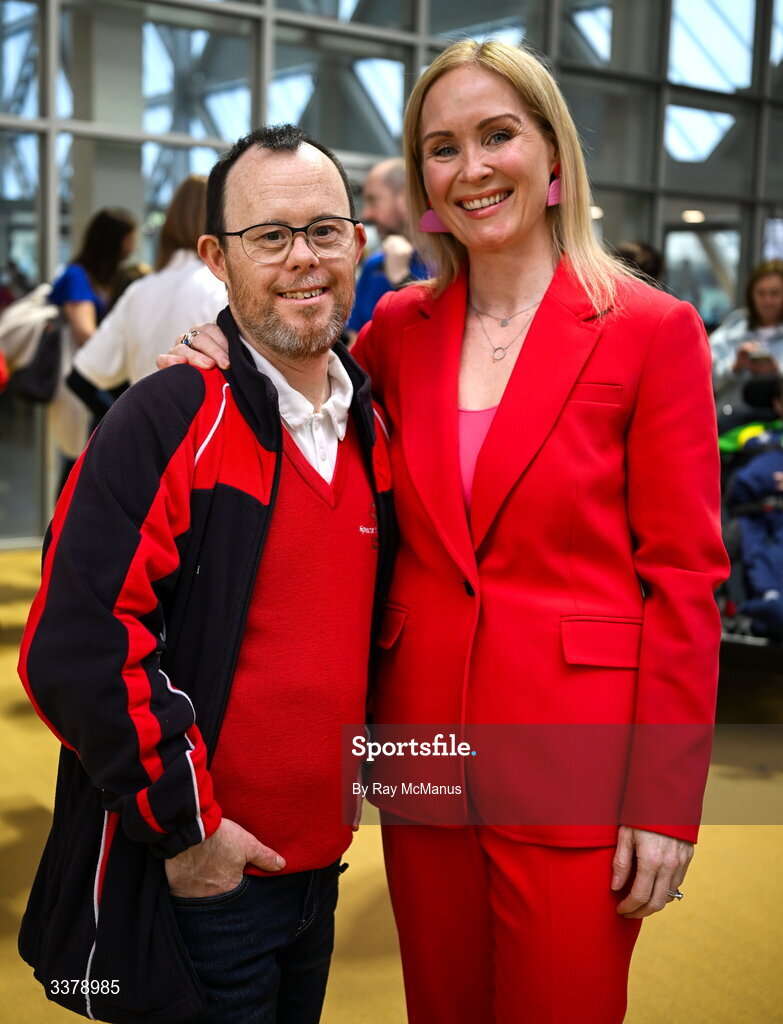 5 March 2026; Special Olympics athlete Paul Kirran, from Ennis Special Olympics with Karen Coventry, CEO of Special Olympics Ireland, before the Special Olympics Ireland Summer Games launch at the National Indoor Arena on the Sport Ireland Campus in Dublin. Photo by Ray McManus/Sportsfile