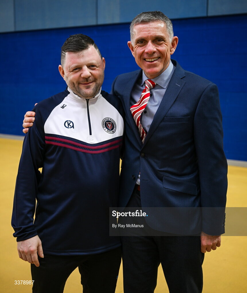 5 March 2026; Special Olympics athlete Michael Carr, Limerick City Special Olympics, with Dr Brendan O'Brien, chairman Special Olympics Ireland, before the Special Olympics Ireland Summer Games launch at the National Indoor Arena on the Sport Ireland Campus in Dublin. Photo by Ray McManus/Sportsfile
