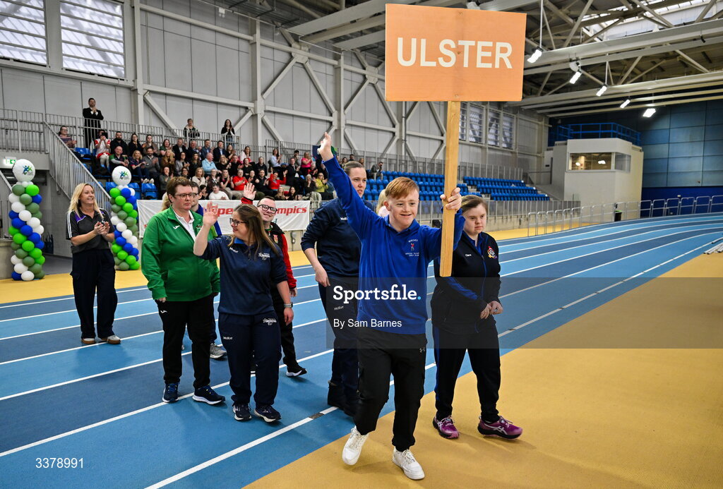 5 March 2026; Special Olympics Athlete Thomas Heaney from Armagh, centre, leads the Ulster athletes in the parade during the Special Olympics Ireland Summer Games launch at the National Indoor Arena on the Sport Ireland Campus in Dublin. Photo by Sam Barnes/Sportsfile