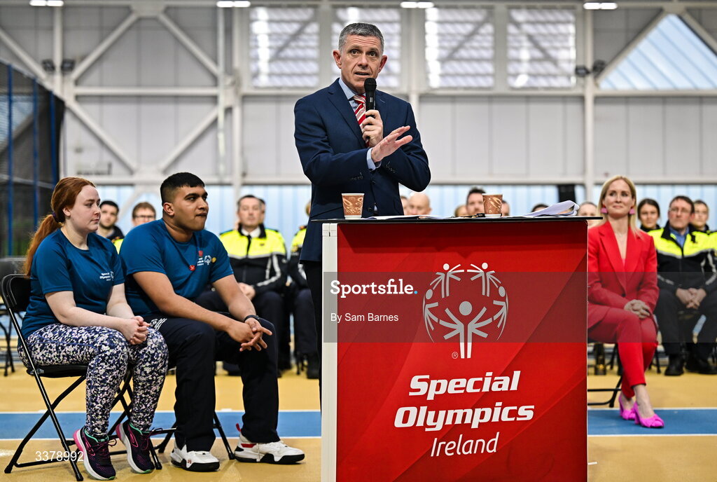 5 March 2026; Special Olympics Ireland Chair Brendan O’Brien addresses the audience during the Special Olympics Ireland Summer Games launch at the National Indoor Arena on the Sport Ireland Campus in Dublin. Photo by Sam Barnes/Sportsfile