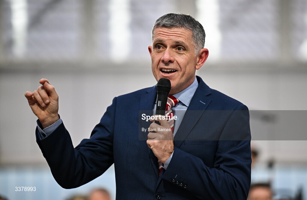 5 March 2026; Special Olympics Ireland Chair Brendan O’Brien addresses the audience during the Special Olympics Ireland Summer Games launch at the National Indoor Arena on the Sport Ireland Campus in Dublin. Photo by Sam Barnes/Sportsfile