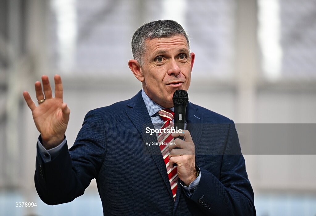 5 March 2026; Special Olympics Ireland Chair Brendan O’Brien addresses the audience during the Special Olympics Ireland Summer Games launch at the National Indoor Arena on the Sport Ireland Campus in Dublin. Photo by Sam Barnes/Sportsfile