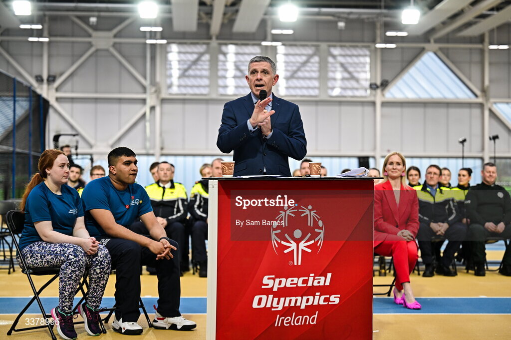 5 March 2026; Special Olympics Ireland Chair Brendan O’Brien addresses the audience during the Special Olympics Ireland Summer Games launch at the National Indoor Arena on the Sport Ireland Campus in Dublin. Photo by Sam Barnes/Sportsfile