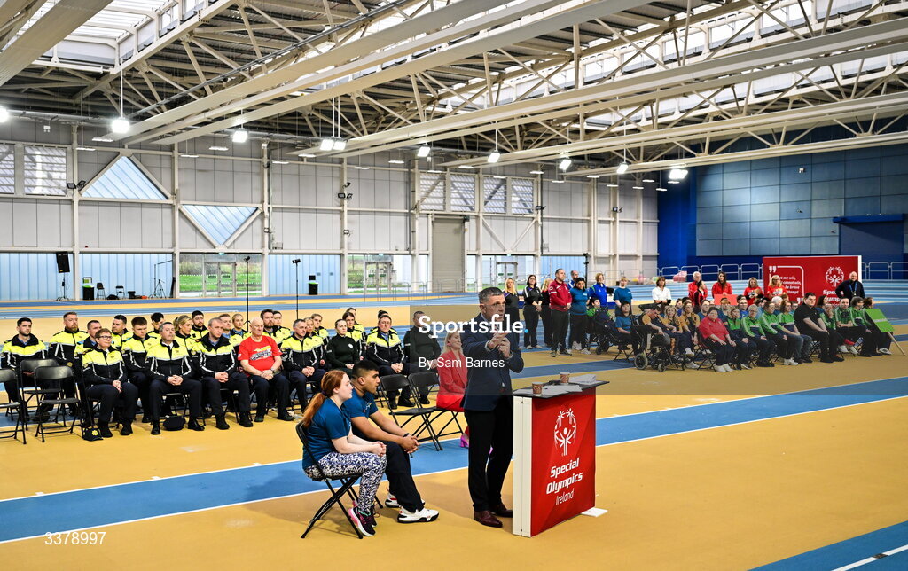 5 March 2026; Special Olympics Ireland Chair Brendan O’Brien addresses the audience during the Special Olympics Ireland Summer Games launch at the National Indoor Arena on the Sport Ireland Campus in Dublin. Photo by Sam Barnes/Sportsfile