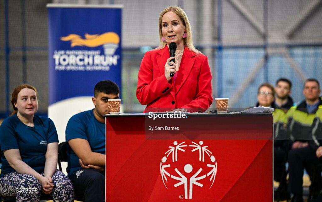 5 March 2026; Special Olympics Ireland Chair Brendan O’Brien addresses the audience during the Special Olympics Ireland Summer Games launch at the National Indoor Arena on the Sport Ireland Campus in Dublin. Photo by Sam Barnes/Sportsfile
