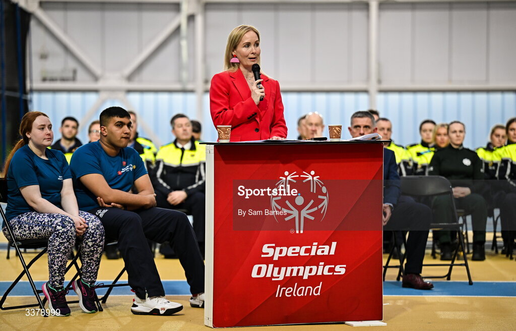 5 March 2026; Special Olympics Ireland Chief Excecutive Karen Coventry addresses the audience during the Special Olympics Ireland Summer Games launch at the National Indoor Arena on the Sport Ireland Campus in Dublin. Photo by Sam Barnes/Sportsfile
