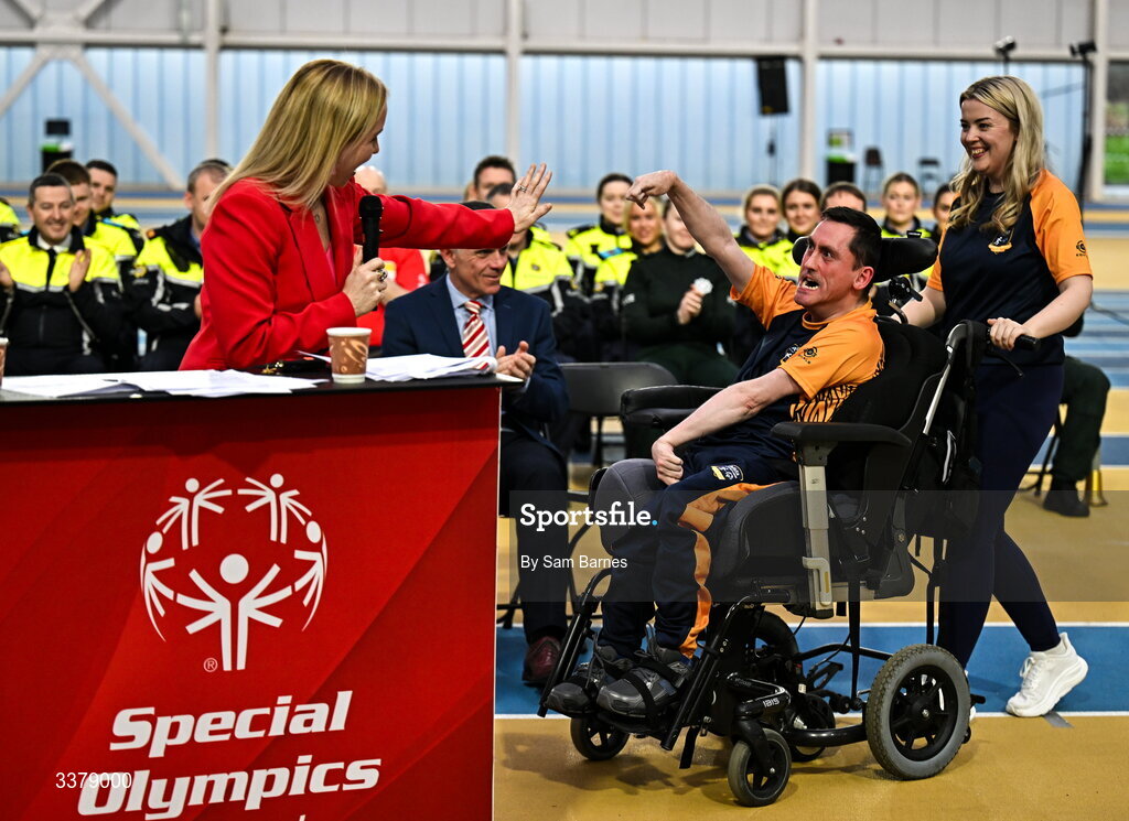 5 March 2026; Special Olympics Ireland Chief Executive Karen Coventry introduces Special Olympics Athlete Francis Donnelly from Dublin during the Special Olympics Ireland Summer Games launch at the National Indoor Arena on the Sport Ireland Campus in Dublin. Photo by Sam Barnes/Sportsfile