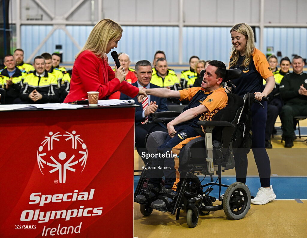 5 March 2026; Special Olympics Ireland Chief Executive Karen Coventry introduces Special Olympics Athlete Francis Donnelly from Dublin during the Special Olympics Ireland Summer Games launch at the National Indoor Arena on the Sport Ireland Campus in Dublin. Photo by Sam Barnes/Sportsfile