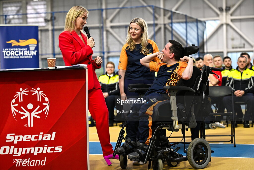 5 March 2026; Special Olympics Ireland Chief Executive Karen Coventry speaks with Special Olympics Athlete Francis Donnelly from Dublin during the Special Olympics Ireland Summer Games launch at the National Indoor Arena on the Sport Ireland Campus in Dublin. Photo by Sam Barnes/Sportsfile