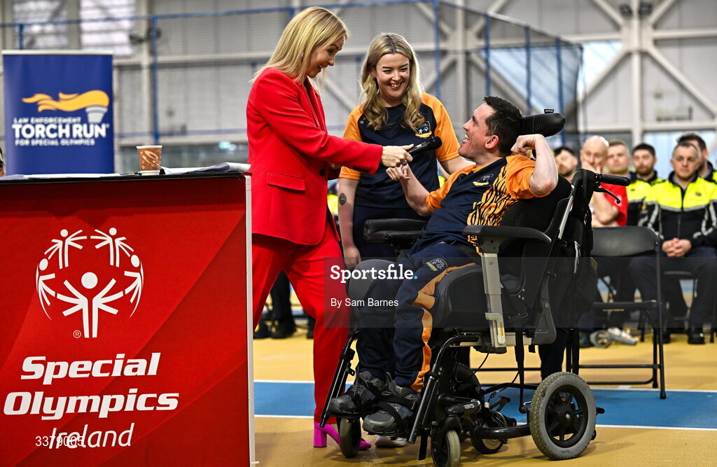 5 March 2026; Special Olympics Ireland Chief Executive Karen Coventry introduces Special Olympics Athlete Francis Donnelly from Dublin during the Special Olympics Ireland Summer Games launch at the National Indoor Arena on the Sport Ireland Campus in Dublin. Photo by Sam Barnes/Sportsfile