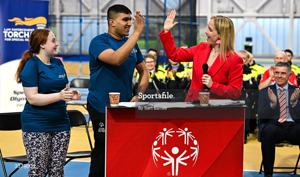 5 March 2026; Special Olympics Ireland Chief Executive Karen Coventry, right, with Special Olympics athletes,  Ashwin Maliyakal, centre, and Dara Kiernan, left, during the Special Olympics Ireland Summer Games launch at the National Indoor Arena on the Sport Ireland Campus in Dublin. Photo by Sam Barnes/Sportsfile