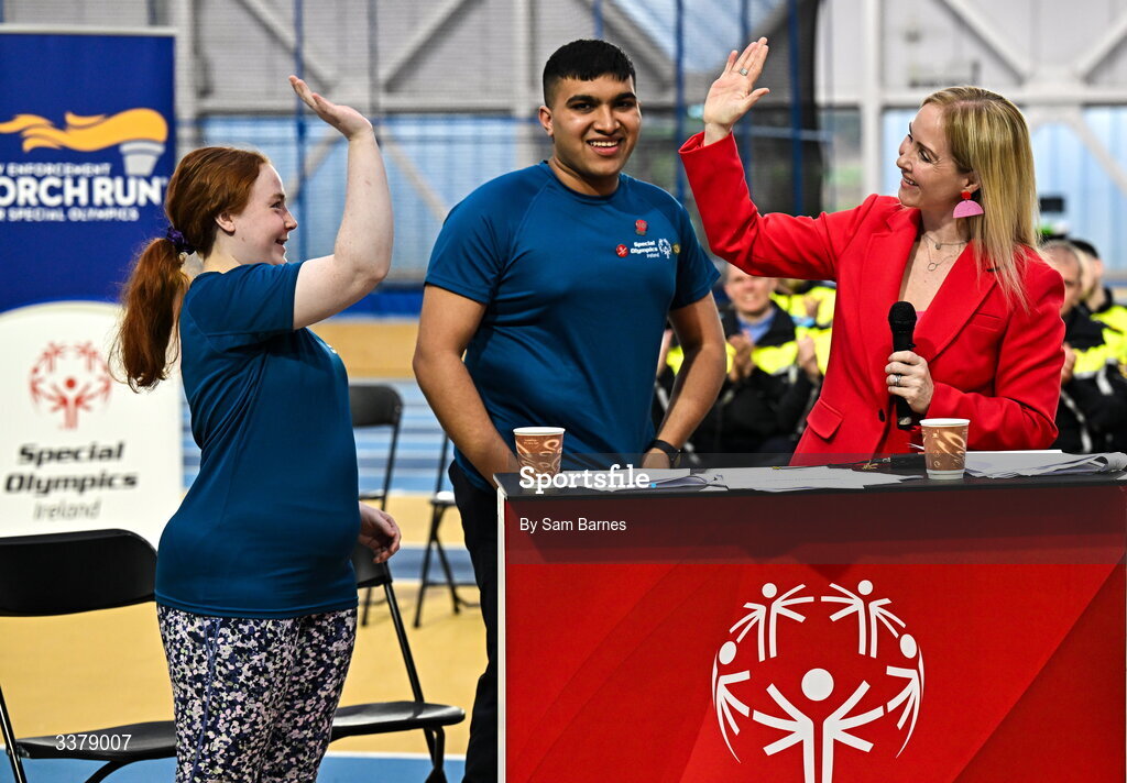 5 March 2026; Special Olympics Ireland Chief Executive Karen Coventry, right, with Special Olympics athletes,  Ashwin Maliyakal, centre, and Dara Kiernan, left, during the Special Olympics Ireland Summer Games launch at the National Indoor Arena on the Sport Ireland Campus in Dublin. Photo by Sam Barnes/Sportsfile