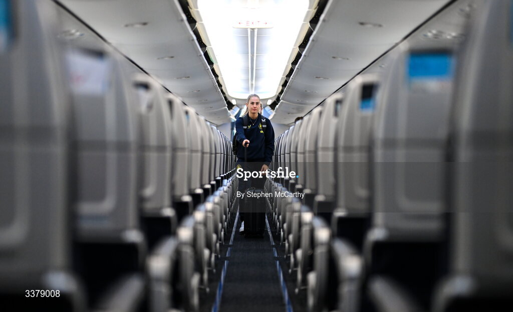 5 March 2026; Republic of Ireland's Tara O'Hanlon onboard their chartered flight to Amsterdam's Schiphol Airport as Republic of Ireland women travel to the Netherlands for their 2027 FIFA Women’s World Cup Qualifier against the Netherlands in Utrecht on Saturday. Photo by Stephen McCarthy/Sportsfile