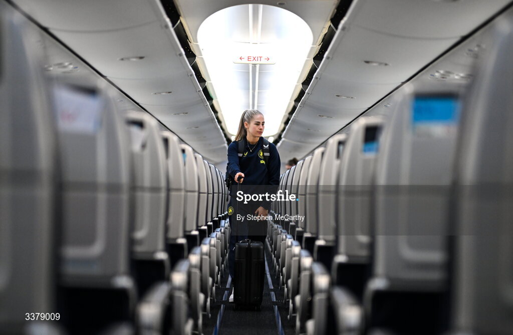 5 March 2026; Republic of Ireland's Tara O'Hanlon onboard their chartered flight to Amsterdam's Schiphol Airport as Republic of Ireland women travel to the Netherlands for their 2027 FIFA Women’s World Cup Qualifier against the Netherlands in Utrecht on Saturday. Photo by Stephen McCarthy/Sportsfile