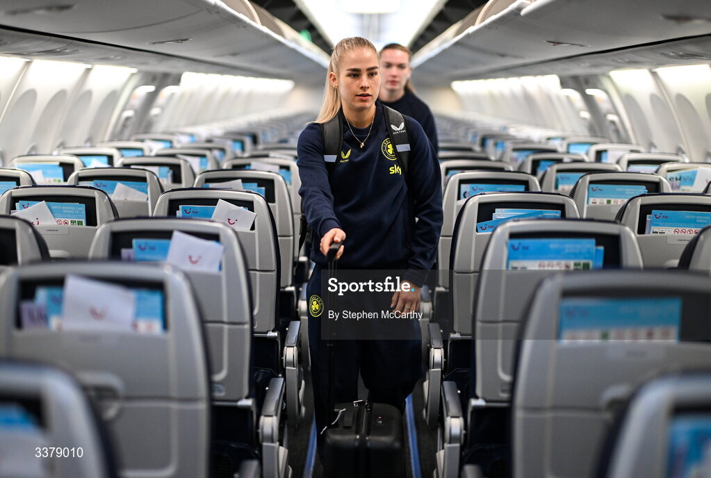5 March 2026; Republic of Ireland's Tara O'Hanlon onboard their chartered flight to Amsterdam's Schiphol Airport as Republic of Ireland women travel to the Netherlands for their 2027 FIFA Women’s World Cup Qualifier against the Netherlands in Utrecht on Saturday. Photo by Stephen McCarthy/Sportsfile
