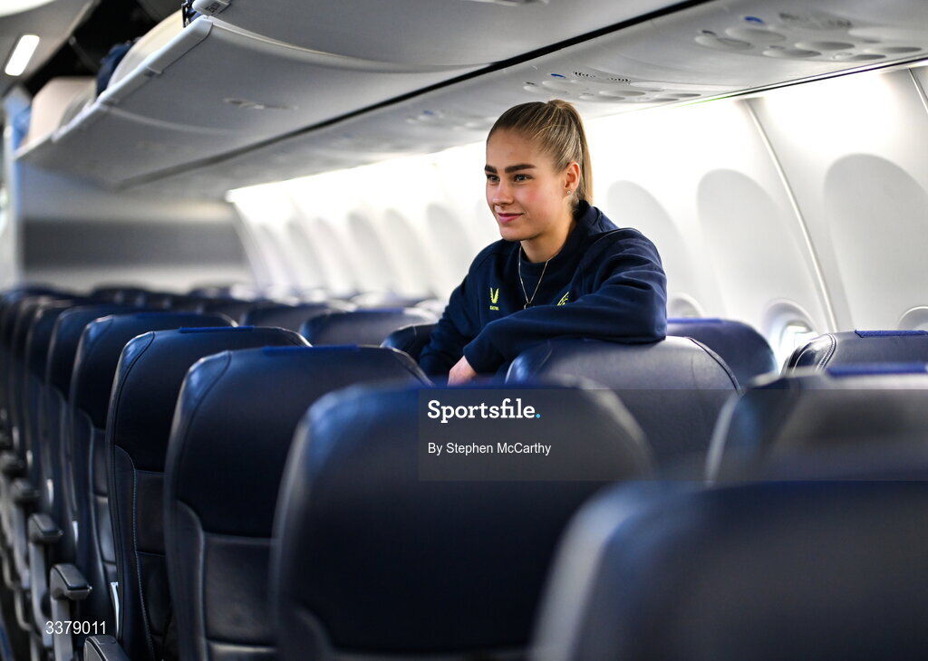 5 March 2026; Republic of Ireland's Tara O'Hanlon onboard their chartered flight to Amsterdam's Schiphol Airport as Republic of Ireland women travel to the Netherlands for their 2027 FIFA Women’s World Cup Qualifier against the Netherlands in Utrecht on Saturday. Photo by Stephen McCarthy/Sportsfile