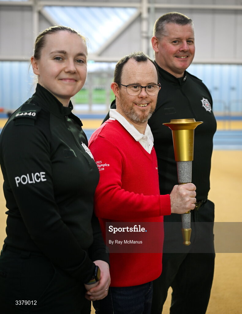 5 March 2026; Special Olympics athlete Paul Kirran, from Ennis Special Olympics with Police Service of Northern Ireland members Constable Victoria Montgomery and Sargent Shane Tohill, right, at the Special Olympics Ireland Summer Games launch at the National Indoor Arena on the Sport Ireland Campus in Dublin. Photo by Ray McManus/Sportsfile