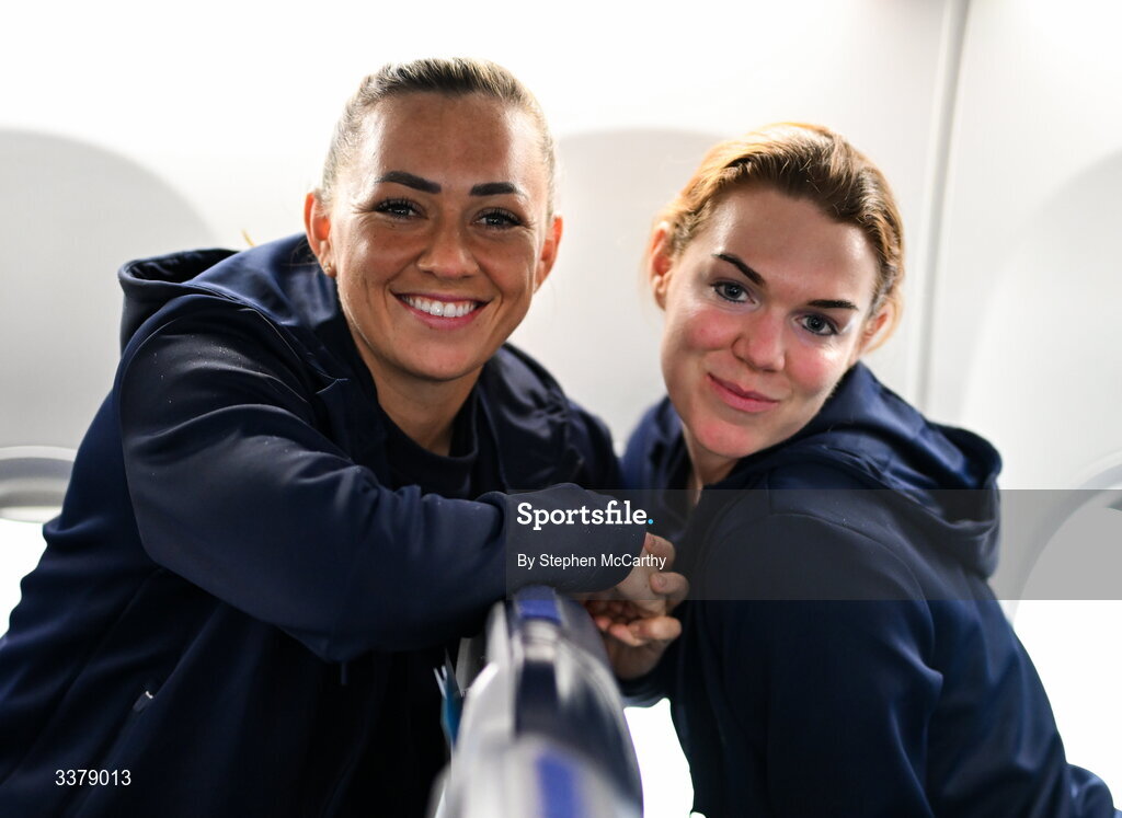 5 March 2026; Republic of Ireland's Katie McCabe, left, and Aoife Mannion onboard their chartered flight to Amsterdam's Schiphol Airport as Republic of Ireland women travel to the Netherlands for their 2027 FIFA Women’s World Cup Qualifier against the Netherlands in Utrecht on Saturday. Photo by Stephen McCarthy/Sportsfile