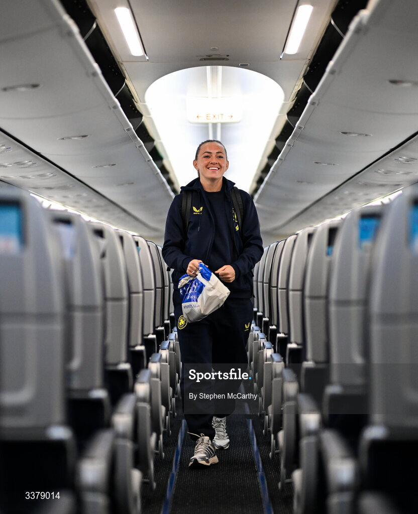 5 March 2026; Republic of Ireland's Katie McCabe onboard their chartered flight to Amsterdam's Schiphol Airport as Republic of Ireland women travel to the Netherlands for their 2027 FIFA Women’s World Cup Qualifier against the Netherlands in Utrecht on Saturday. Photo by Stephen McCarthy/Sportsfile