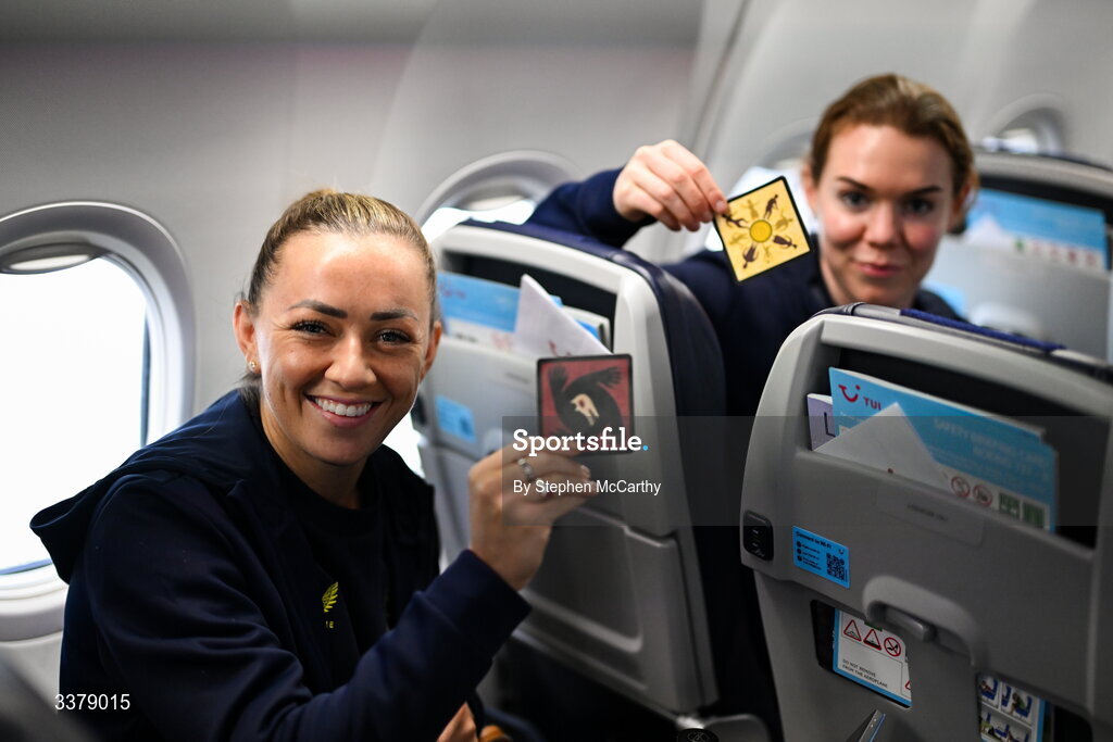 5 March 2026; Republic of Ireland's Katie McCabe, left, and Aoife Mannion onboard their chartered flight to Amsterdam's Schiphol Airport as Republic of Ireland women travel to the Netherlands for their 2027 FIFA Women’s World Cup Qualifier against the Netherlands in Utrecht on Saturday. Photo by Stephen McCarthy/Sportsfile
