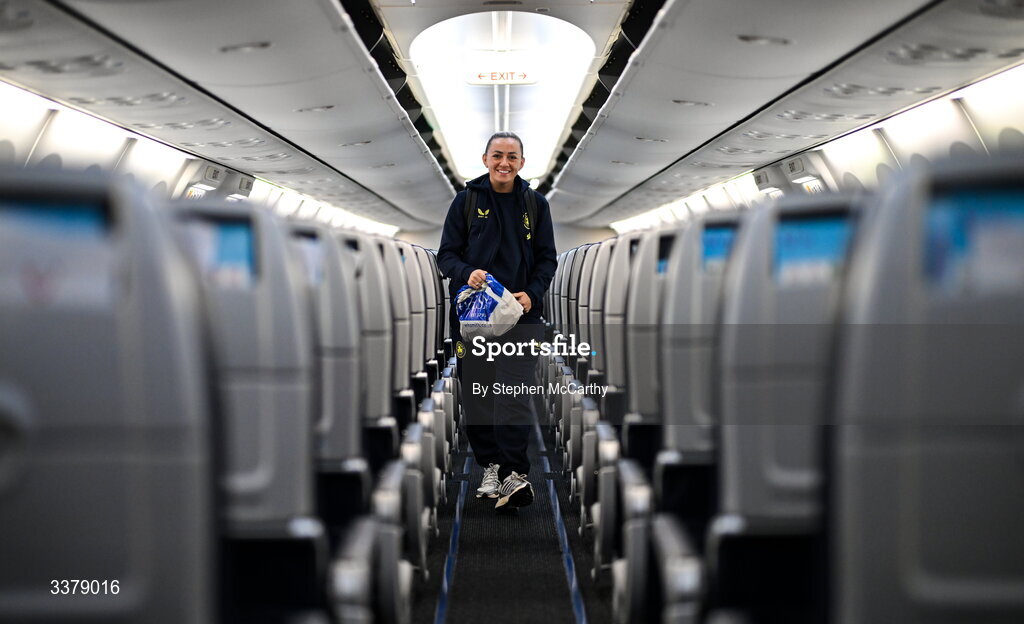 5 March 2026; Republic of Ireland's Katie McCabe onboard their chartered flight to Amsterdam's Schiphol Airport as Republic of Ireland women travel to the Netherlands for their 2027 FIFA Women’s World Cup Qualifier against the Netherlands in Utrecht on Saturday. Photo by Stephen McCarthy/Sportsfile