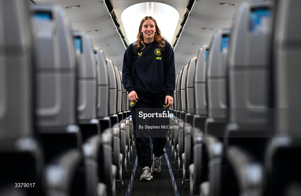 5 March 2026; Republic of Ireland's Sophie Whitehouse onboard their chartered flight to Amsterdam's Schiphol Airport as Republic of Ireland women travel to the Netherlands for their 2027 FIFA Women’s World Cup Qualifier against the Netherlands in Utrecht on Saturday. Photo by Stephen McCarthy/Sportsfile