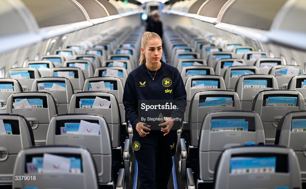 5 March 2026; Republic of Ireland's Tara O'Hanlon onboard their chartered flight to Amsterdam's Schiphol Airport as Republic of Ireland women travel to the Netherlands for their 2027 FIFA Women’s World Cup Qualifier against the Netherlands in Utrecht on Saturday. Photo by Stephen McCarthy/Sportsfile