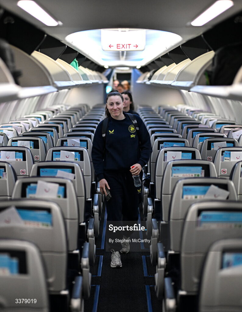 5 March 2026; Republic of Ireland's Lucy Quinn onboard their chartered flight to Amsterdam's Schiphol Airport as Republic of Ireland women travel to the Netherlands for their 2027 FIFA Women’s World Cup Qualifier against the Netherlands in Utrecht on Saturday. Photo by Stephen McCarthy/Sportsfile
