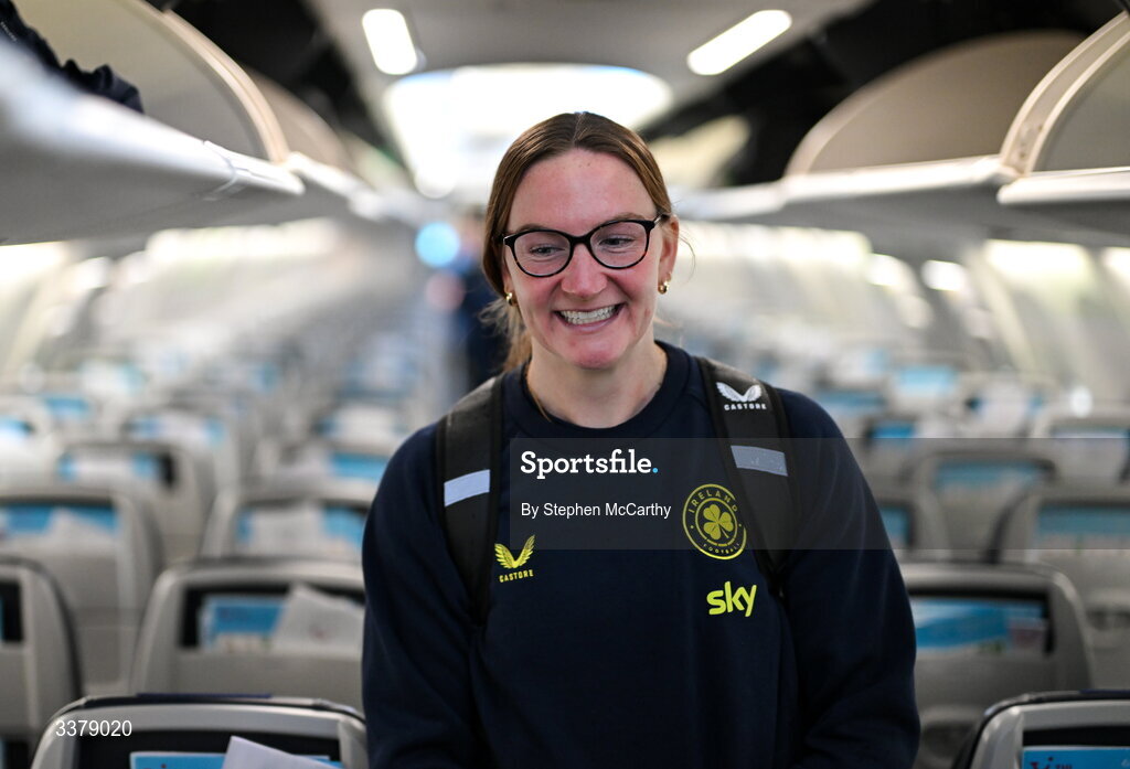 5 March 2026; Republic of Ireland's Courtney Brosnan onboard their chartered flight to Amsterdam's Schiphol Airport as Republic of Ireland women travel to the Netherlands for their 2027 FIFA Women’s World Cup Qualifier against the Netherlands in Utrecht on Saturday. Photo by Stephen McCarthy/Sportsfile